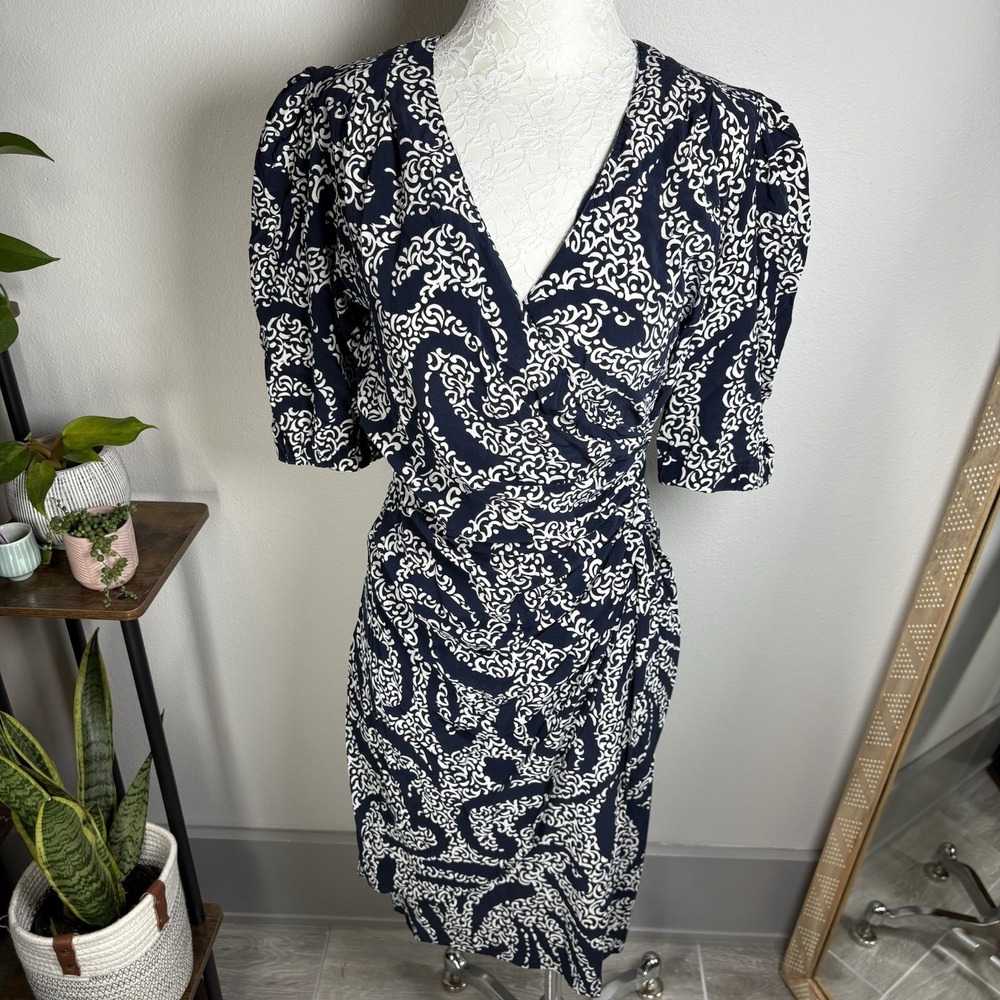 Vintage EGALE Paris Womens ~S Blue Sheath Dress Puff Sleeve Faux Wrap